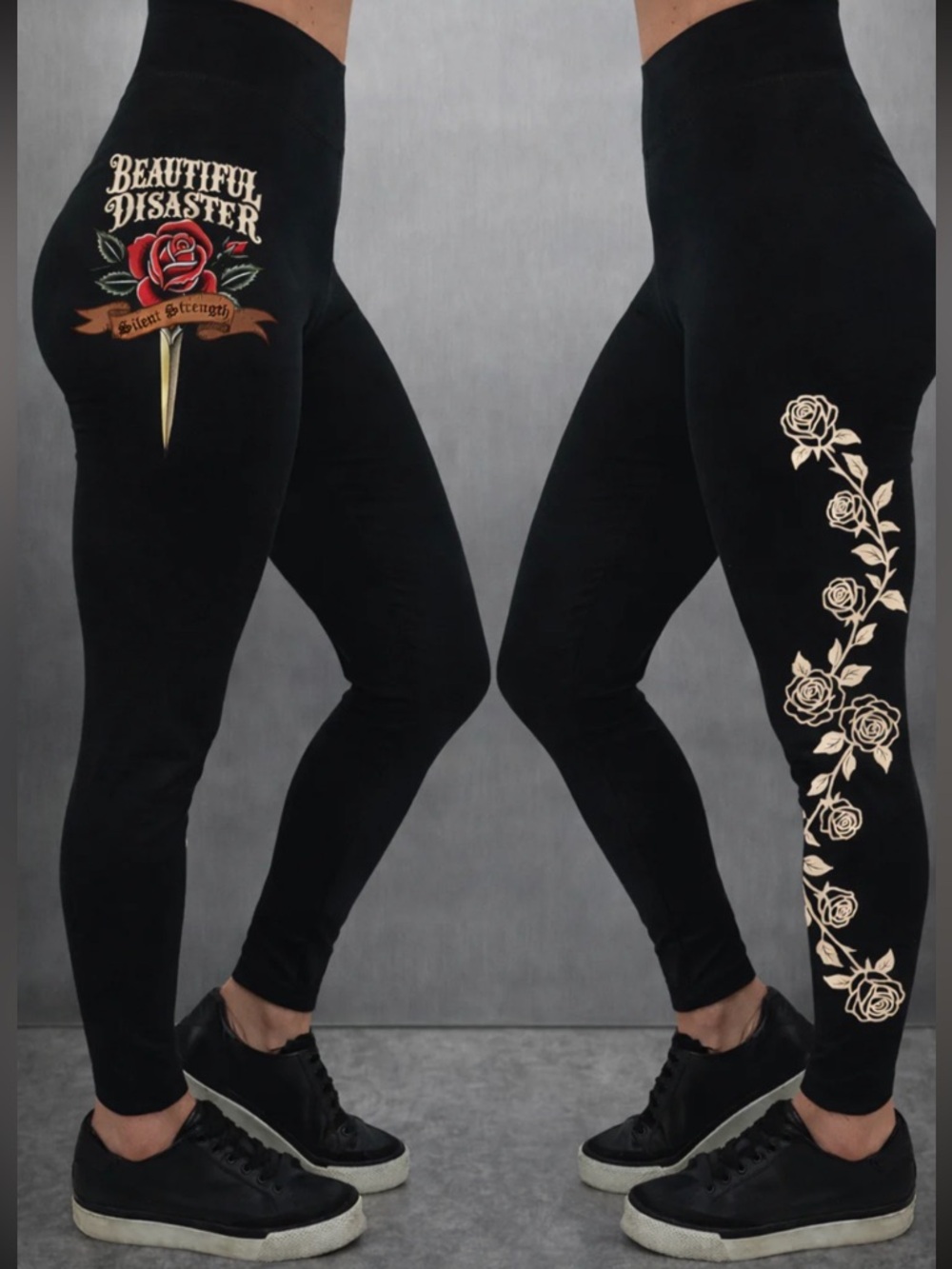 Beautiful Disaster Black Rose Tattoo Leggings Size C1X - Picture 2 of 5